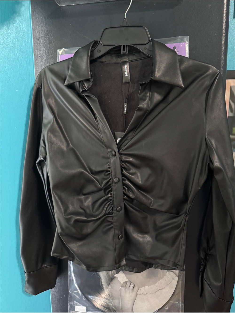 Venti6 Vegan Leather Ruched Button-Front Black Blouse